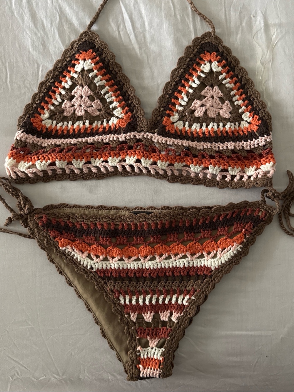 Crochet Triangle Bikini Set in Brown, Rust & Cream